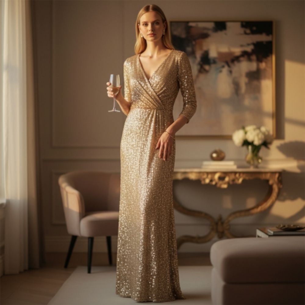 Gold Sequin Maxi Dress | V-Neckline | Waist Tie | Fully Lined